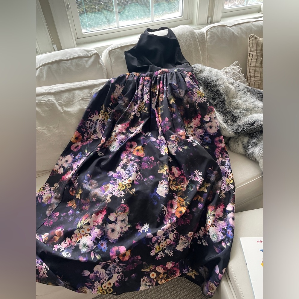 Aidan Mattox Gown with Floral Skirt & Black Halter